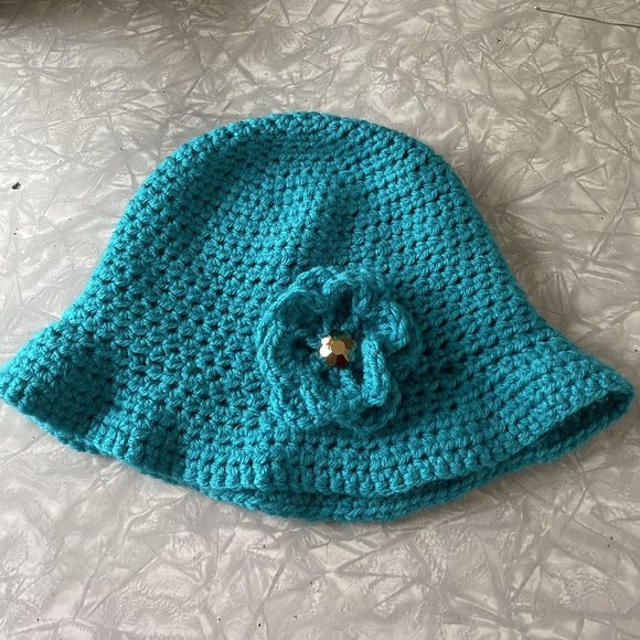 Handmade turquoise crochet winter hat cloche hat with flower - Picture 1 of 3